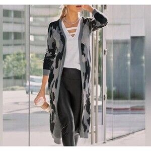 Boston Proper‎ Black & Gray Camo Long Sleeve Duster Cardigan Women’s Size XXS